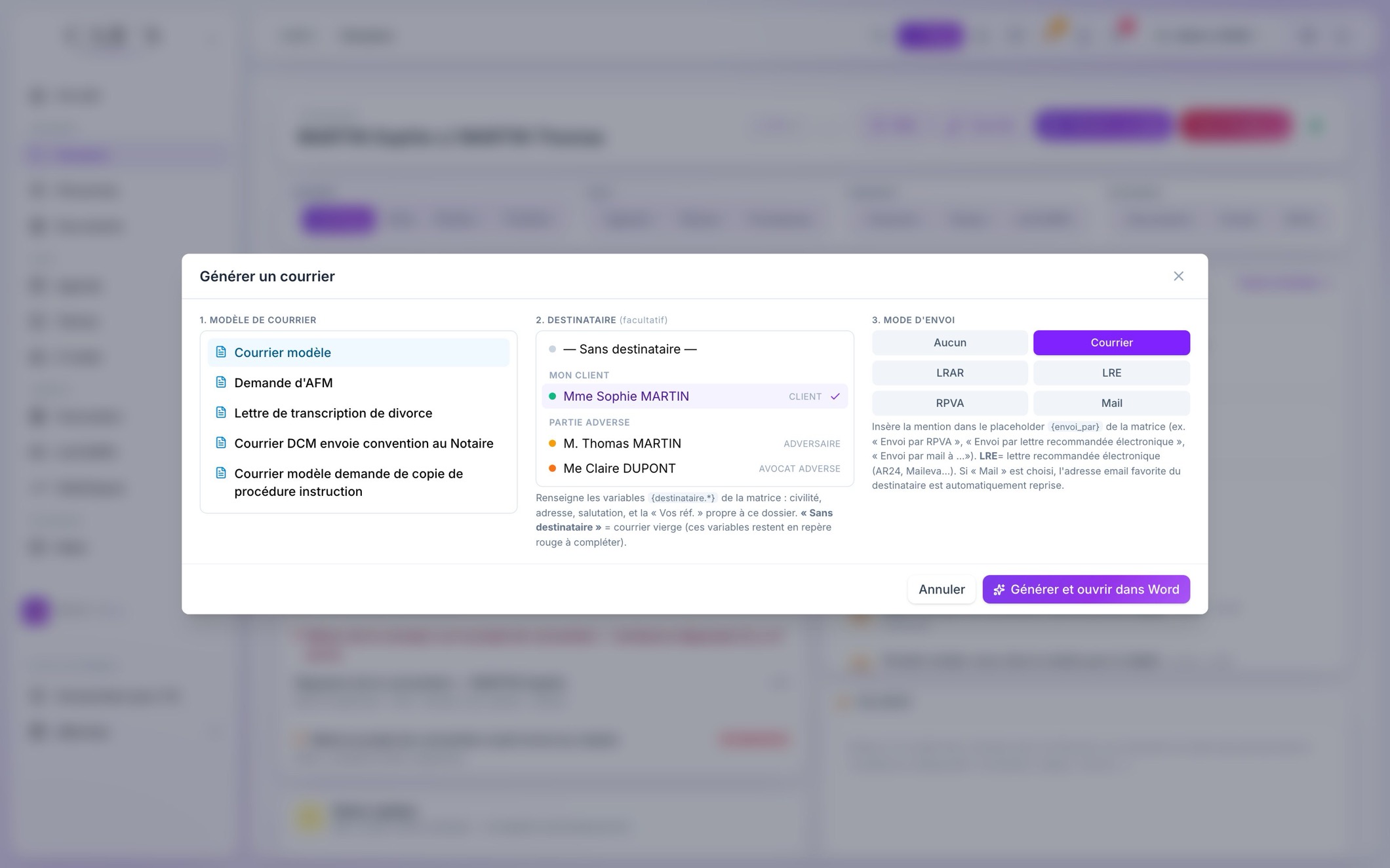 Générer un courrier : le modèle, le destinataire et le mode d’envoi